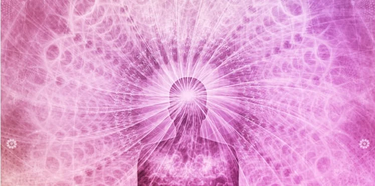 Illustration of a meditating figure radiating pink light