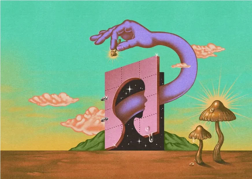 Illustration of a hand placing a mushroom-shaped piece into a door shaped like a head
